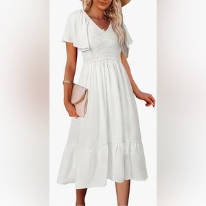 MEROKEETY V Neck Ruffle Sleeve Smocked Midi Dress with Pockets - Size L